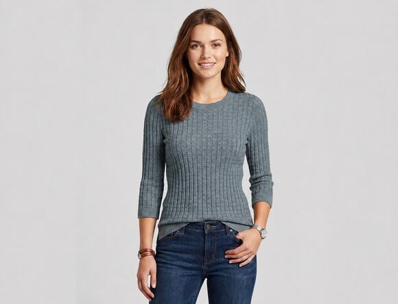 Lands' End Sweaters - Lands' End Gray Ribbed Grid Knit Top Crew Neck 3/4 Sleeve XS Waffle Knit
